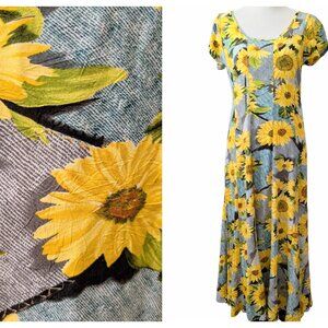 Jams World Womens Size M Sunflower Printed Back Tie S/S Scoop Neck Midi Dress